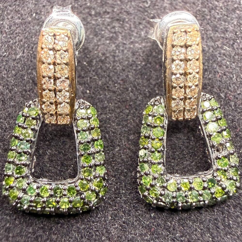 Solid 925 Sterling Silver 1CTW Natural Green And Champagne Diamond Earrings